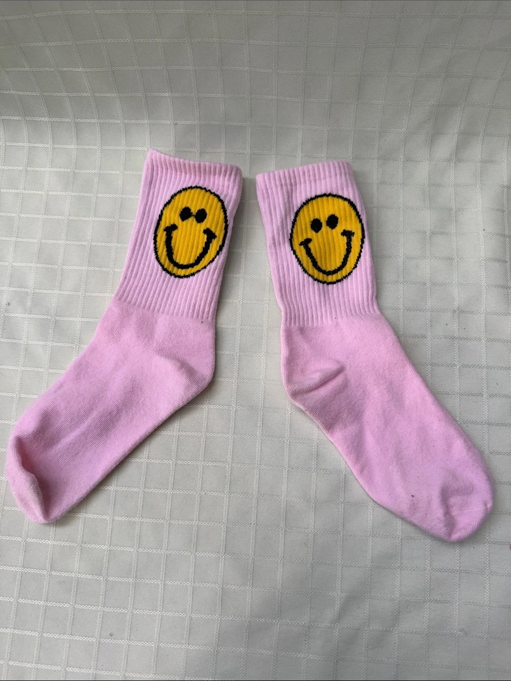 Light Pink Smiley Crew Socks - Happy Graphic